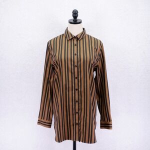 Chico's -10- Tan Black Striped Button Up Shirt Collared Long Sleeve Spandex Poly